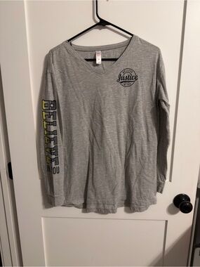 Justice Light Gray Long Sleeve Shirt with Yellow Sleeve Detail